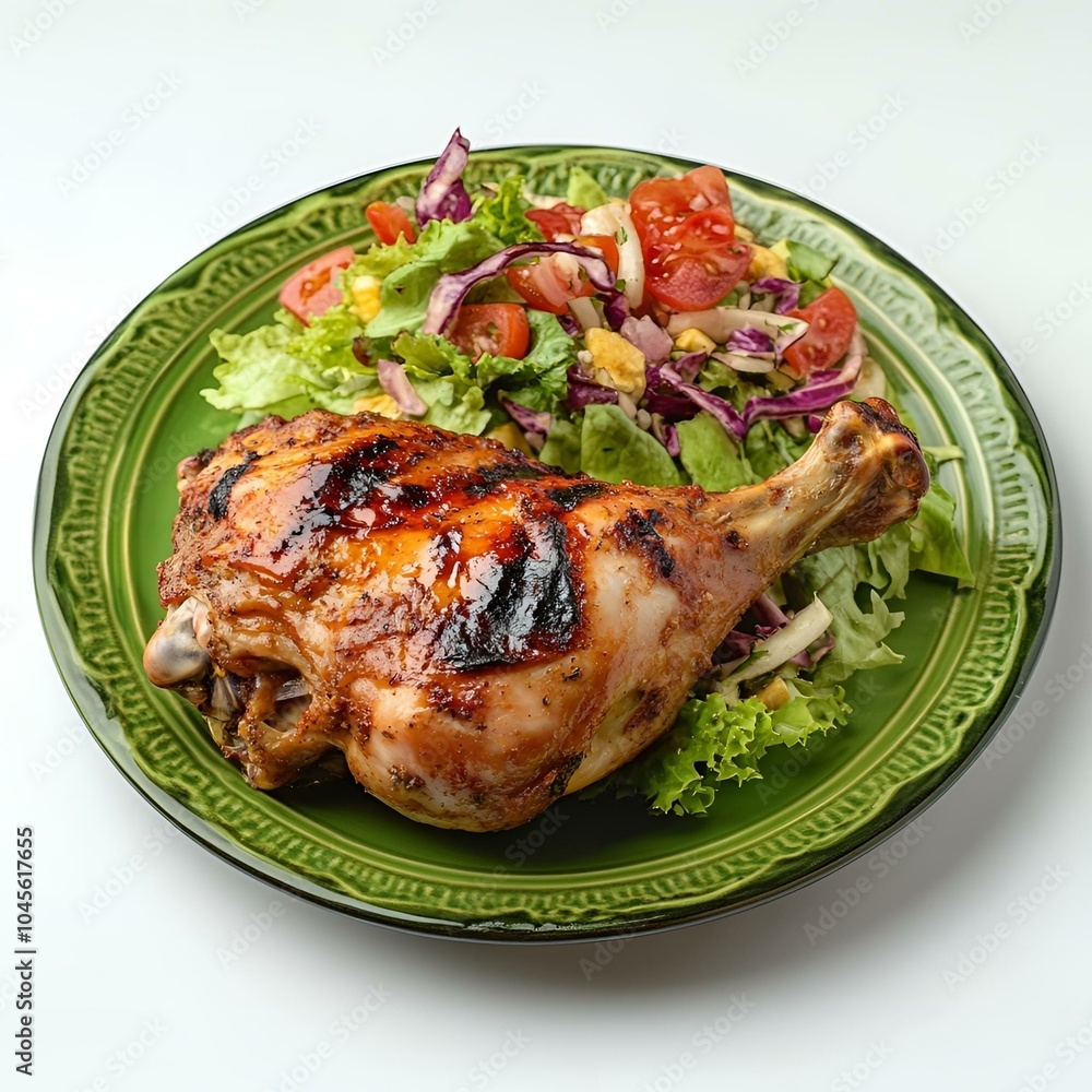 Roasted chicken leg with vegetables and sauce on a green plate. Roasted chicken leg with vegetables and sauce on a green plate.