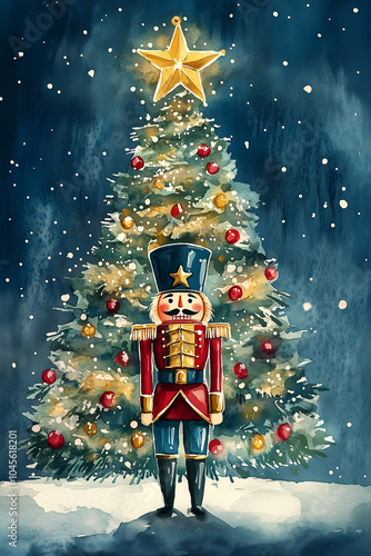 Nutcracker soldier in front of decorated 