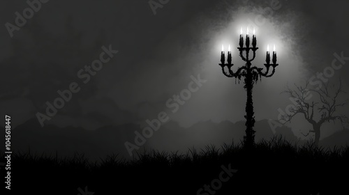 Minimalist Artistic Menorah in Dark Atmospheric Setting photo