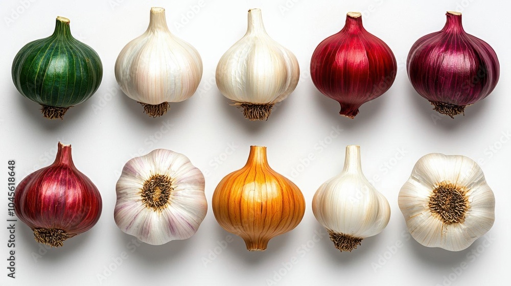 A photostock of garlic bulbs and cloves, white background, culinary ingredient A photostock of garlic bulbs and cloves, white background, culinary ingredient