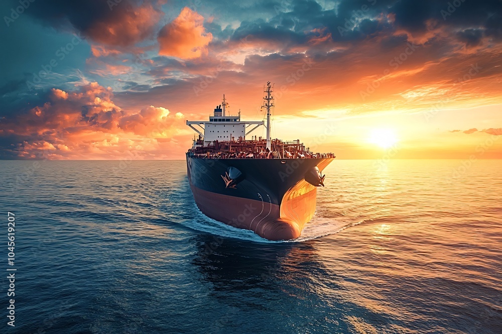 Fototapeta premium Large crude oil tanker is sailing on calm sea at sunset. The vessel is carrying crude oil from an oil rig to a refinery