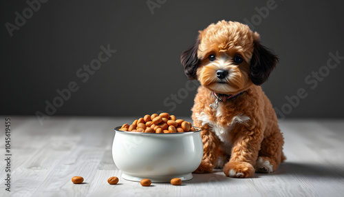 Toy poodle with empty bowl and - Concept of dog food nutrition and diet isolated with white highlights, png