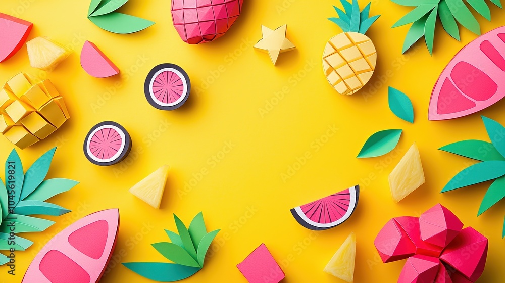 Colorful paper fruits and leaves arranged on a vibrant yellow background, perfect for summer-themed designs. Colorful paper fruits and leaves arranged on a vibrant yellow background, perfect for summer-themed designs.