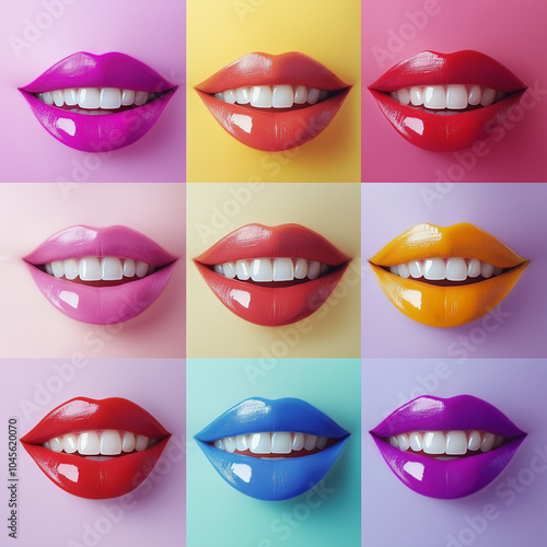  Pop art collage, set of smiles with beautiful teeth, dentistry advertising concept isolated on multi-colored background