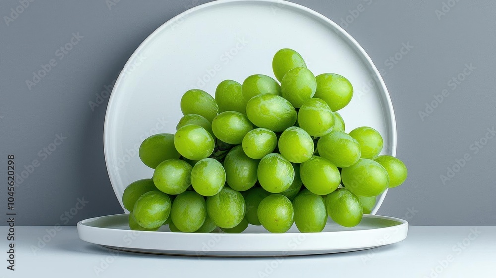 A photostock of a bunch of green grapes on a white plate, white background, clean style