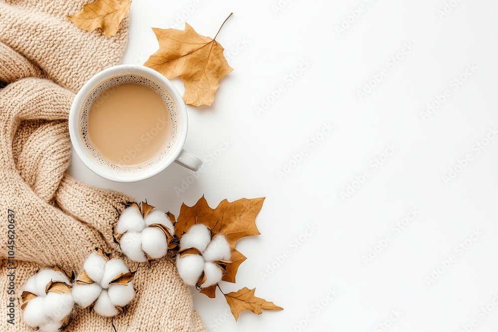 Coffee, plaid, dried leaves on white background. Autumn, fall composition. Front view, top view. Coffee, plaid, dried leaves on white background. Autumn, fall composition. Front view, top view.