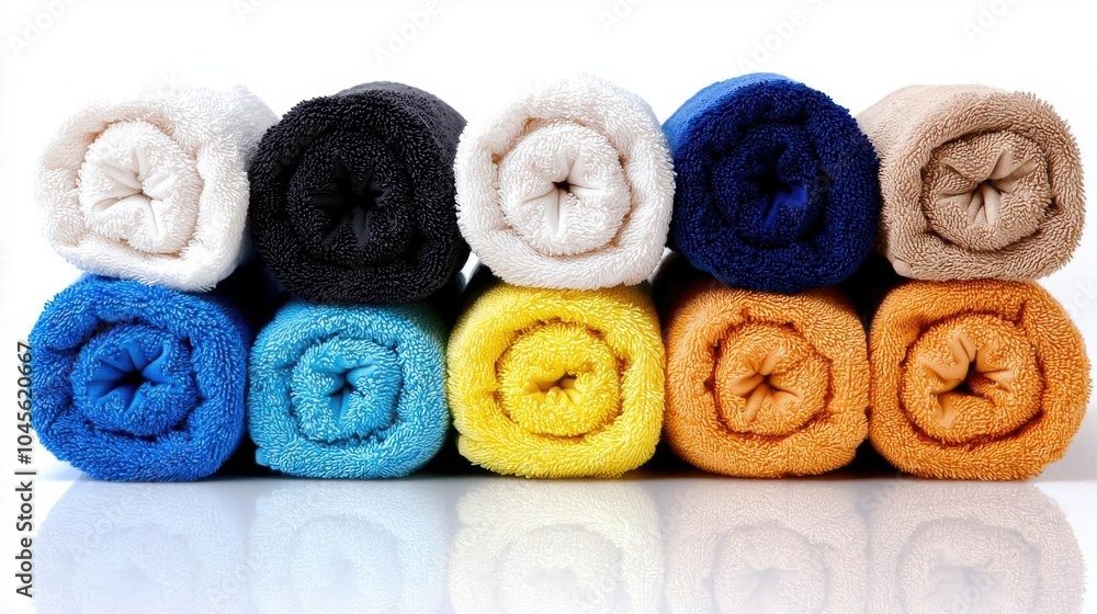 A photostock of soft towels rolled up, white background, clean and neat arrangement A photostock of soft towels rolled up, white background, clean and neat arrangement