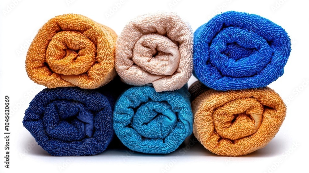 A photostock of soft towels rolled up, white background, clean and neat arrangement A photostock of soft towels rolled up, white background, clean and neat arrangement