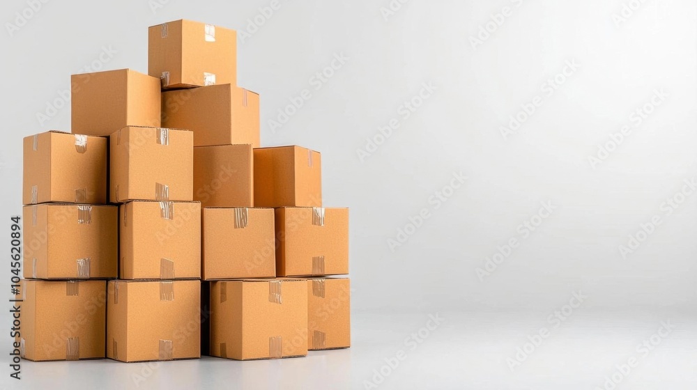 A photostock of stacked boxes for delivery, white background, logistics theme A photostock of stacked boxes for delivery, white background, logistics theme