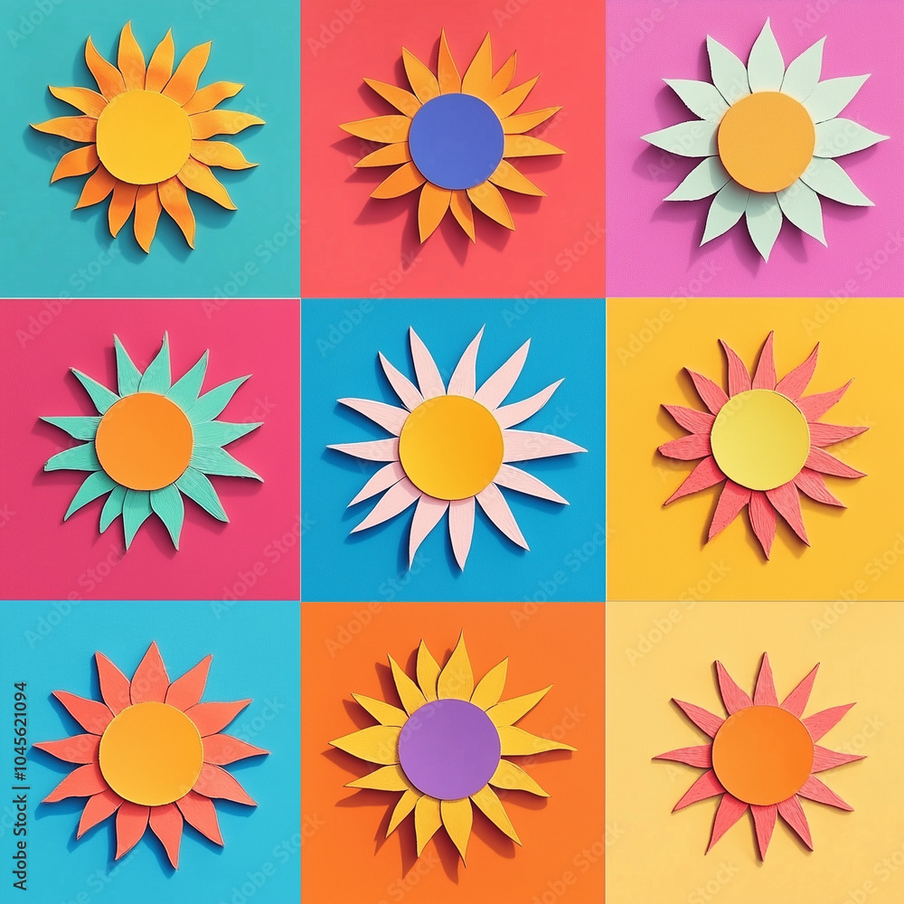 Pop art collage, set of paper flowers isolated on multi-colored background Pop art collage, set of paper flowers isolated on multi-colored background