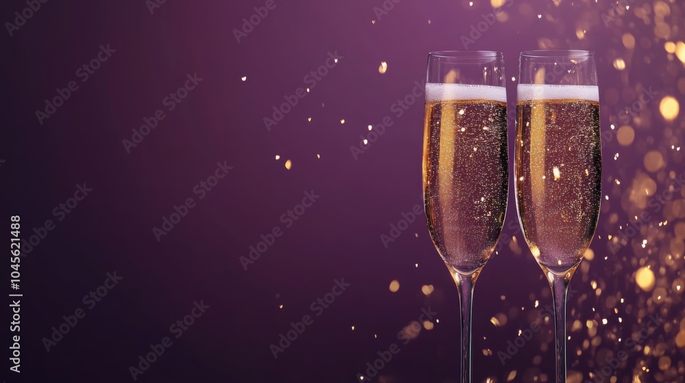 Two elegant champagne flutes filled with sparkling gold liquid are positioned against a shimmering purple backdrop, perfect for celebrating a momentous occasion or special event. Two elegant champagne flutes filled with sparkling gold liquid are positioned against a shimmering purple backdrop, perfect for celebrating a momentous occasion or special event.