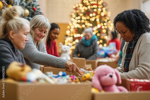 Volunteers sorting Christmas toys for donation..