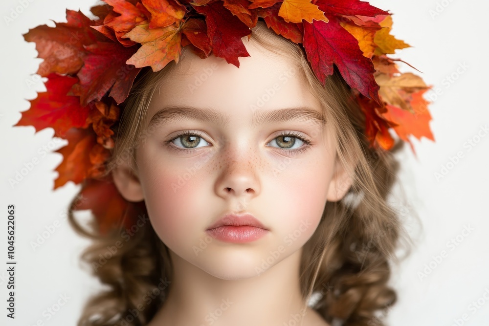 An autumn leaf-holding girl stands on a background with copy space An autumn leaf-holding girl stands on a background with copy space