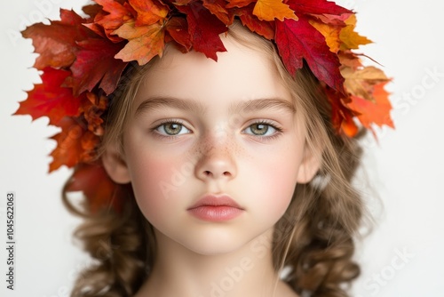 An autumn leaf-holding girl stands on a background with copy space