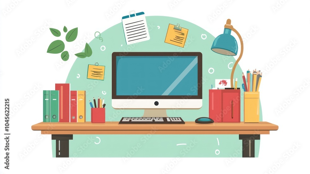 A computer desk with a monitor, keyboard, mouse, and a few books A computer desk with a monitor, keyboard, mouse, and a few books