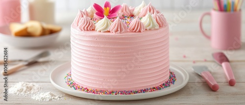 Delicious pink cake with frosting, decorated with flowers and sprinkles, placed on a white plate. photo