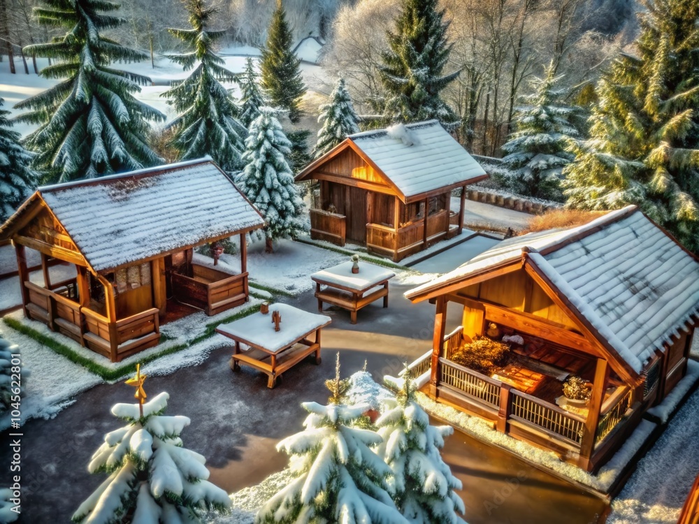 Obraz premium Cozy Wooden Barbecue Houses in a Winter Park with Pergolas and Terraces for Outdoor Recreation