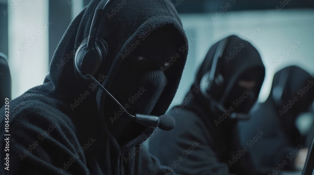 Call center scammer concept. Swindler criminals in black hood wearing mask and headsets and using computer in a call center office. Call center scammer concept. Swindler criminals in black hood wearing mask and headsets and using computer in a call center office.