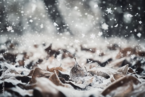 Close-up of a snowflake falling on leaves in autumn forest photo