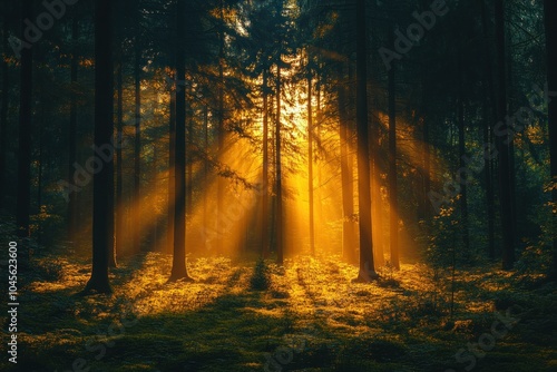 A serene forest scene illuminated by golden sunlight filtering through tall trees.