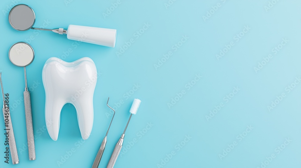 Dental tools and tooth model on a blue background, perfect for oral hygiene concepts. Dental tools and tooth model on a blue background, perfect for oral hygiene concepts.