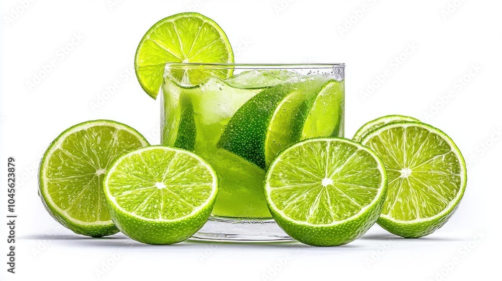 A photostock of a fresh lime drink in a glass, white background, refreshing theme A photostock of a fresh lime drink in a glass, white background, refreshing theme