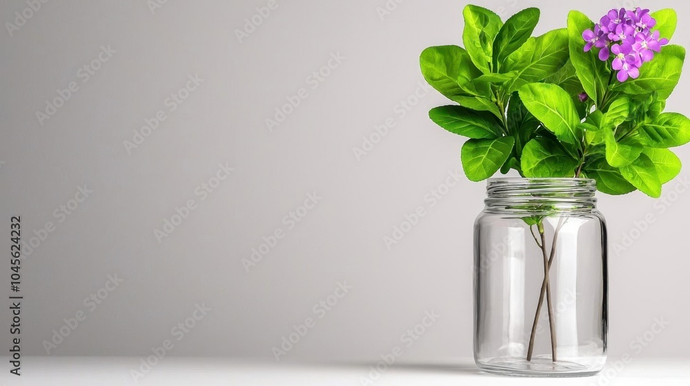 A photostock of a glass jar with essential oil and a small flower, white background A photostock of a glass jar with essential oil and a small flower, white background