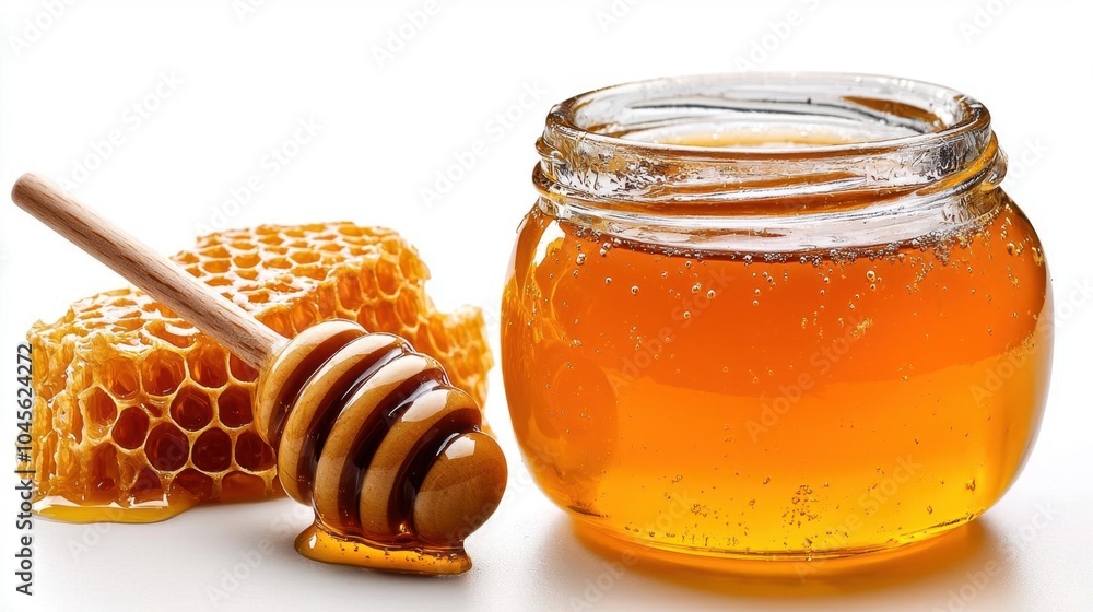 A photostock of a glass jar with honey and a dipper, white background, clean style A photostock of a glass jar with honey and a dipper, white background, clean style
