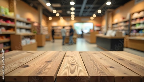 Wallpaper Mural Product placement wooden table, blurred department store shop background with copy space product display mockup Torontodigital.ca