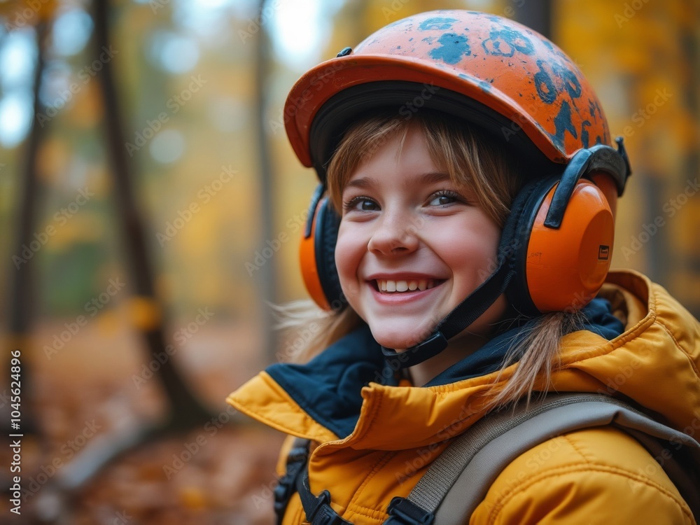 Smiling young girl wearing orange safety helmet with ear protectors and backpack, enjoying a forest adventure during autumn season Smiling young girl wearing orange safety helmet with ear protectors and backpack, enjoying a forest adventure during autumn season
