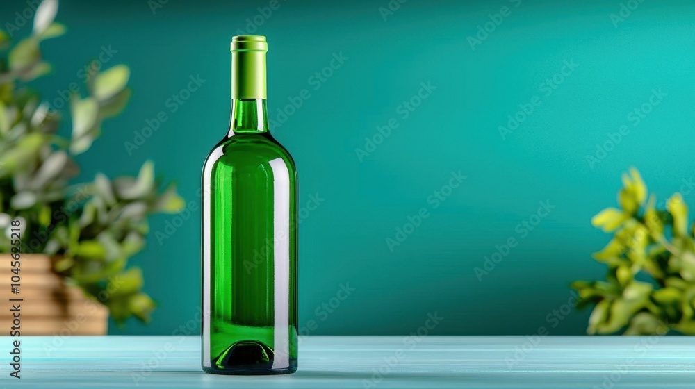 A photostock of a green glass bottle on a turquoise background, clean composition A photostock of a green glass bottle on a turquoise background, clean composition