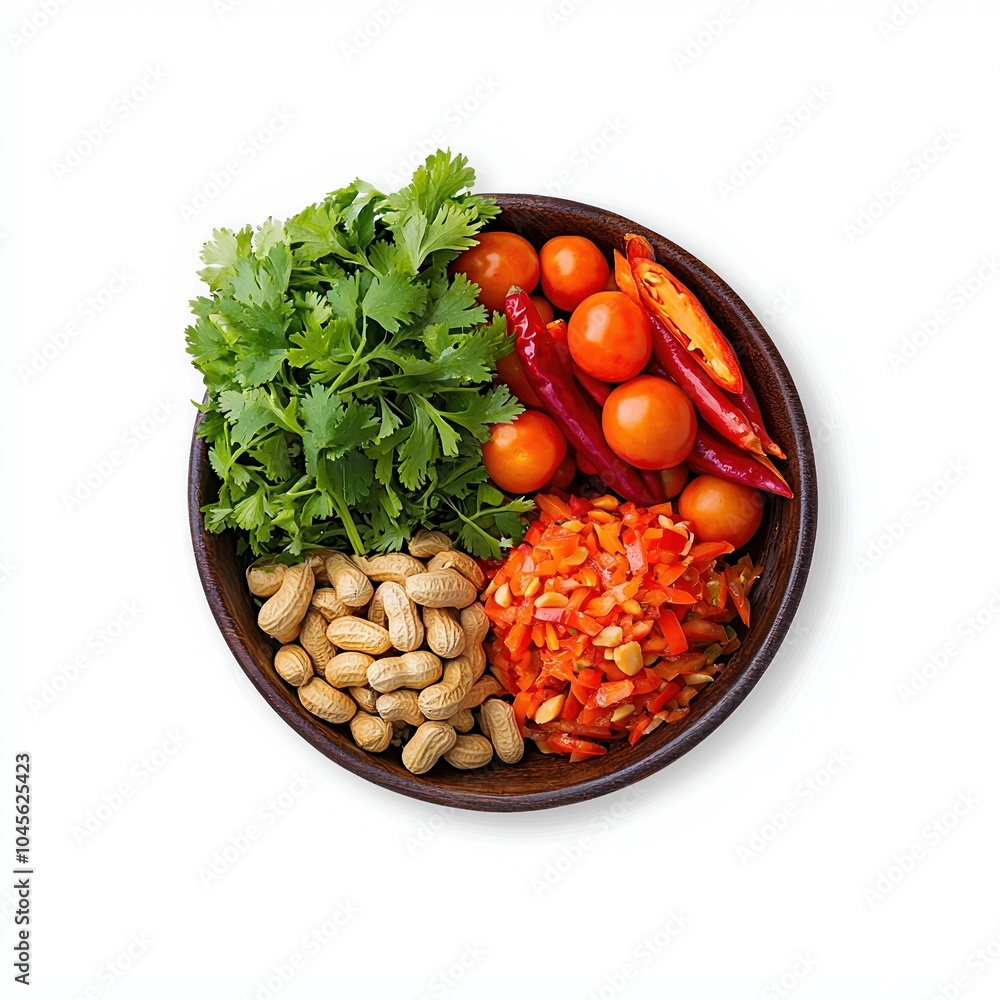 Fresh ingredients including peanuts, tomatoes, cilantro, and chili peppers in a wooden bowl, white isolate background. Fresh ingredients including peanuts, tomatoes, cilantro, and chili peppers in a wooden bowl, white isolate background.