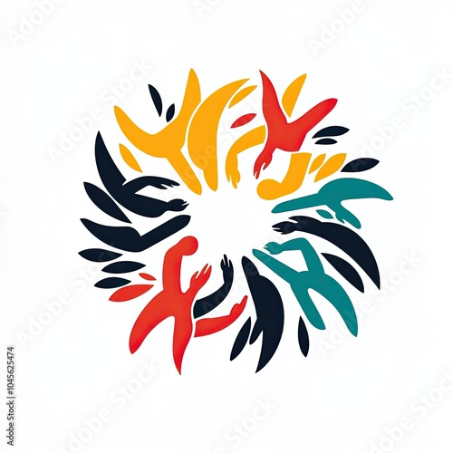 Dynamic abstract design featuring colorful, intertwined figures and leaves arranged in a circular pattern, symbolizing unity, collaboration, and movement in a harmonious cycle.