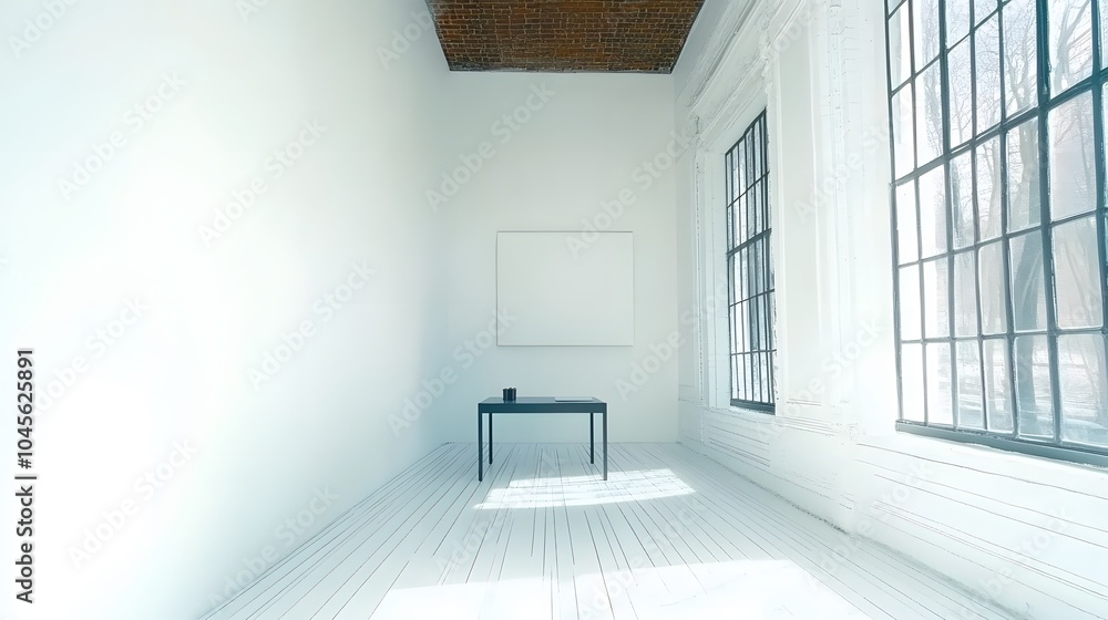 A bright, clean minimalist office with a black desk, white walls, and minimalistic furnishings, wide angle, 4K resolution