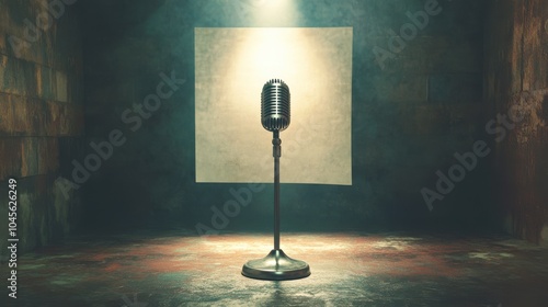 A vintage casting directorâ€™s microphone positioned on a small stage with a blank backdrop and a single spotlight highlighting the space, movie audition, casting industry, film stage photo