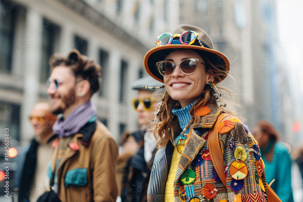 stylish woman in the city street in bold, colorful outfits with sunglasses and hat stylish woman in the city street in bold, colorful outfits with sunglasses and hat