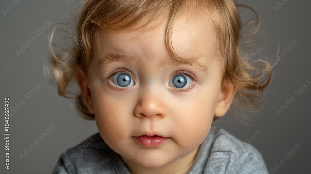 Captivating blue-eyed baby portrait with curly hair in gray outfit Captivating blue-eyed baby portrait with curly hair in gray outfit