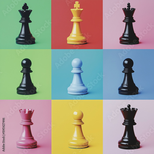  Pop art collage, set of chess pieces isolated on multi-colored background