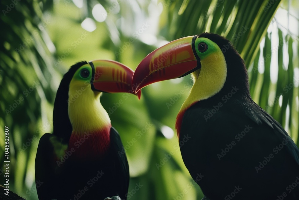 Naklejka premium An adult Keel-billed Toucan, Ramphastos sulfuratus, sitting on a branch in the forest. The species is found in Costa Rica.