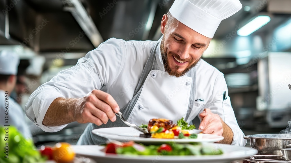 A chef skillfully plates an exquisite dish, showcasing vibrant colors and artistic presentation A chef skillfully plates an exquisite dish, showcasing vibrant colors and artistic presentation