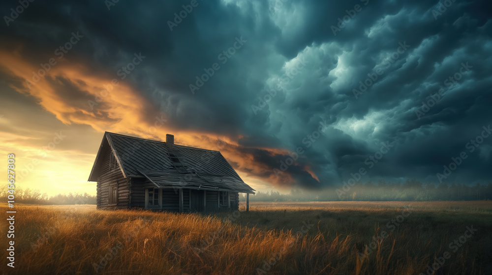 Abandoned cabin under dramatic storm clouds at sunset in a field Abandoned cabin under dramatic storm clouds at sunset in a field