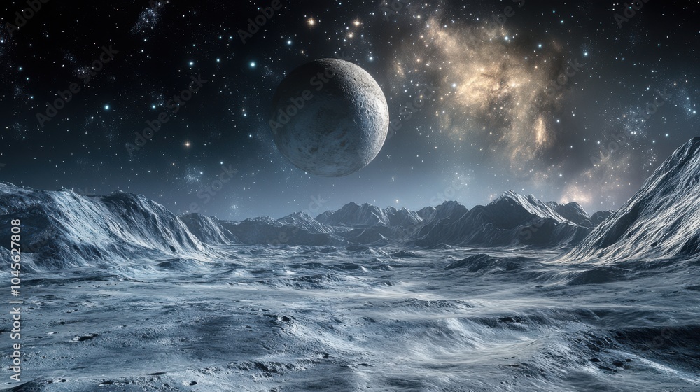 Fototapeta premium An advanced satellite orbiting the icy surface of Pluto, capturing stunning images of its surface and distant stars, space science, deep space exploration, planetary technology, cosmic discovery.