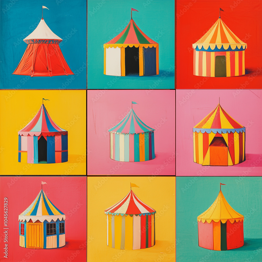 Fototapeta premium Pop art collage, set of circus tent isolated on multi-colored background