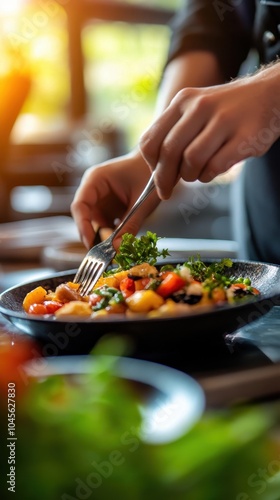 A chef artfully plates a vibrant gourmet dish in a fine dining restaurant