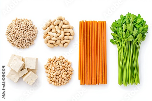 Healthy assortment of grains, nuts, tofu, celery and carrots on a white isolate background photo