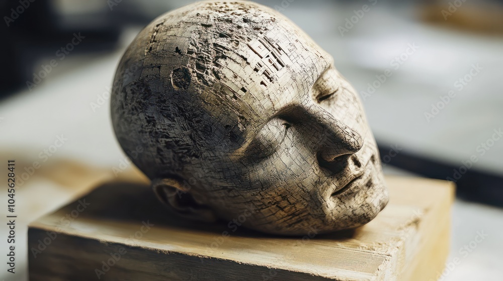 Ein Holzstempel ist beschriftet mit dem Aufdruck: KI-Digitalisierung über einem digitalen Netzwerk mit künstlichem Kopf - FOTOMONTAGE Ein Holzstempel ist beschriftet mit dem Aufdruck: KI-Digitalisierung über einem digitalen Netzwerk mit künstlichem Kopf - FOTOMONTAGE