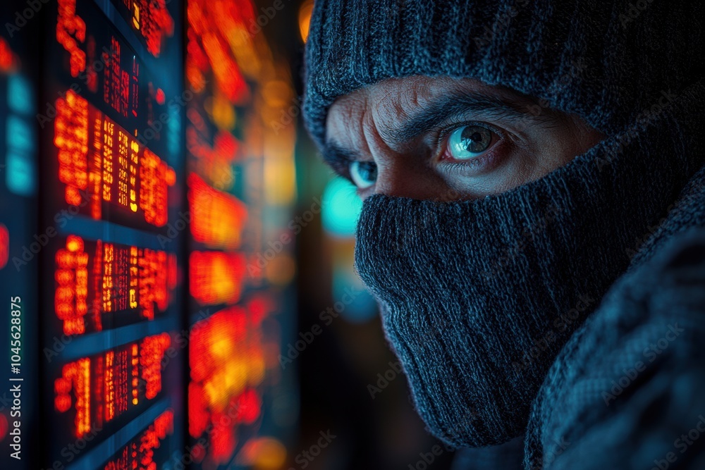 Masked Hacker Analyzing Data on Digital Screen Masked Hacker Analyzing Data on Digital Screen