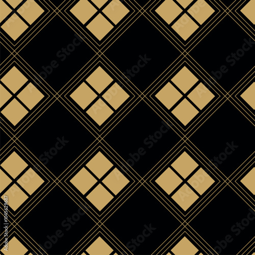 Abstract geometric pattern with crosses, stripes, lines. Seamless vector background. Black and gold ornament. Modern reticulated graphic design.