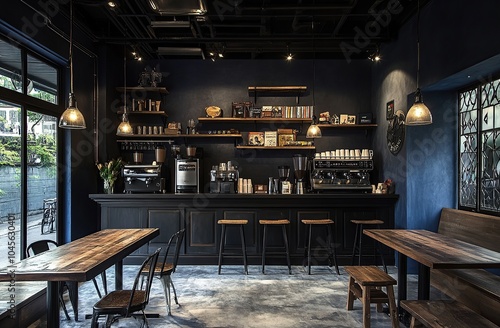 Dark navy blue walls, a black wooden bar with an industrial-style design