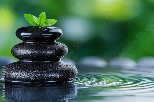 Balanced spa stones with a green leaf, serene water ripples in a calming atmosphere.